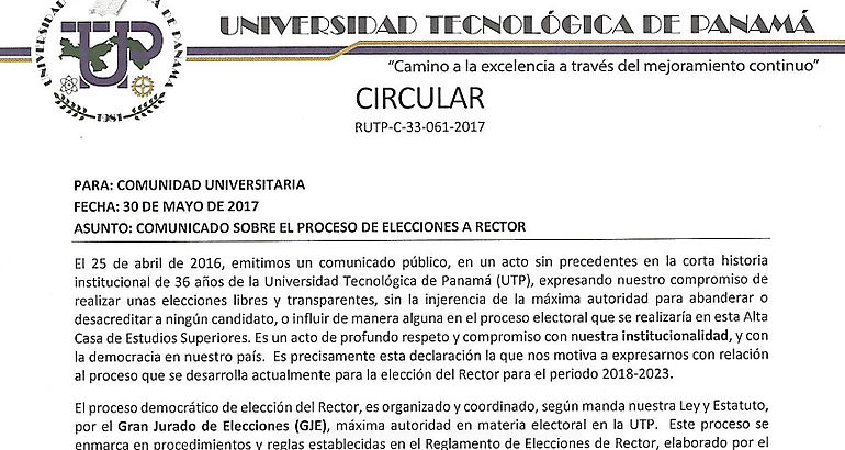 Circular Proceso de elecciones a rector  UTP