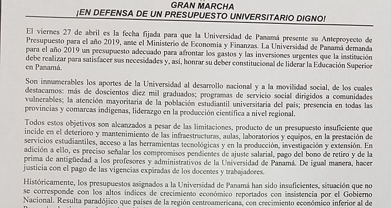 Universidad de Panam marchar hacia el MEF el viernes 27 de abril