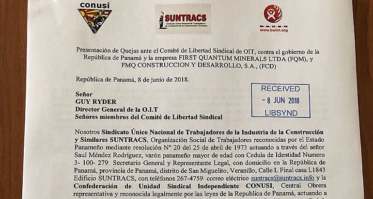 Suntracs denuncia al Gobierno y a la empresa Minera Panam ante la OIT