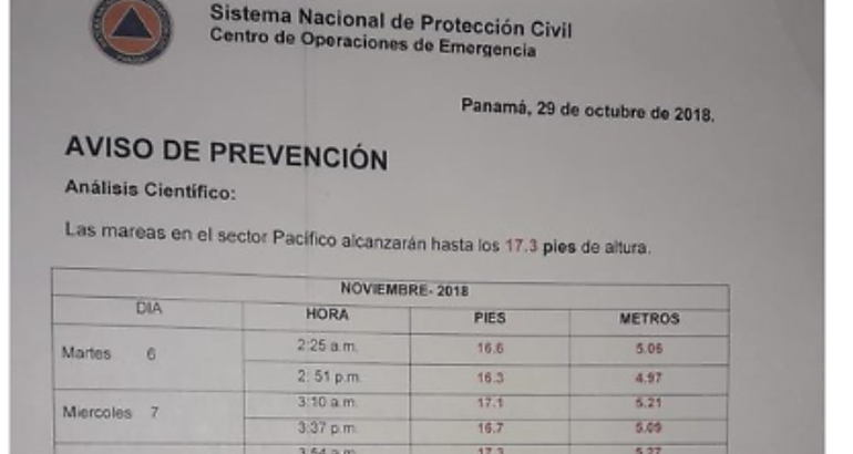 mareas altas en el Pacfico desde este martes hasta el domingo 11 de noviembre