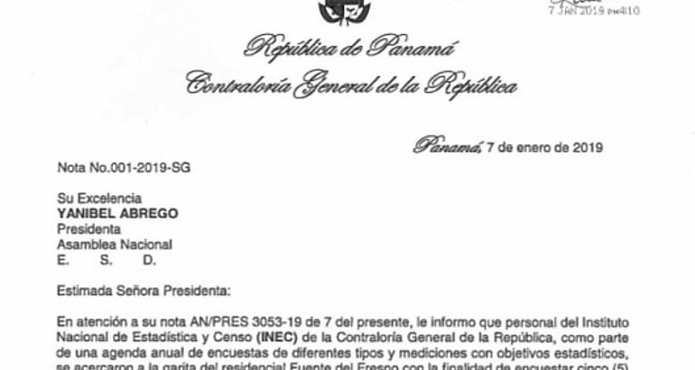 Carta de la Contralora dirigida a la Presidenta de la Asamblea Nacional